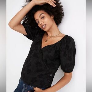 Madewell Puff-Sleeve Wrap Top in Floral Jacquard Black Small EUC